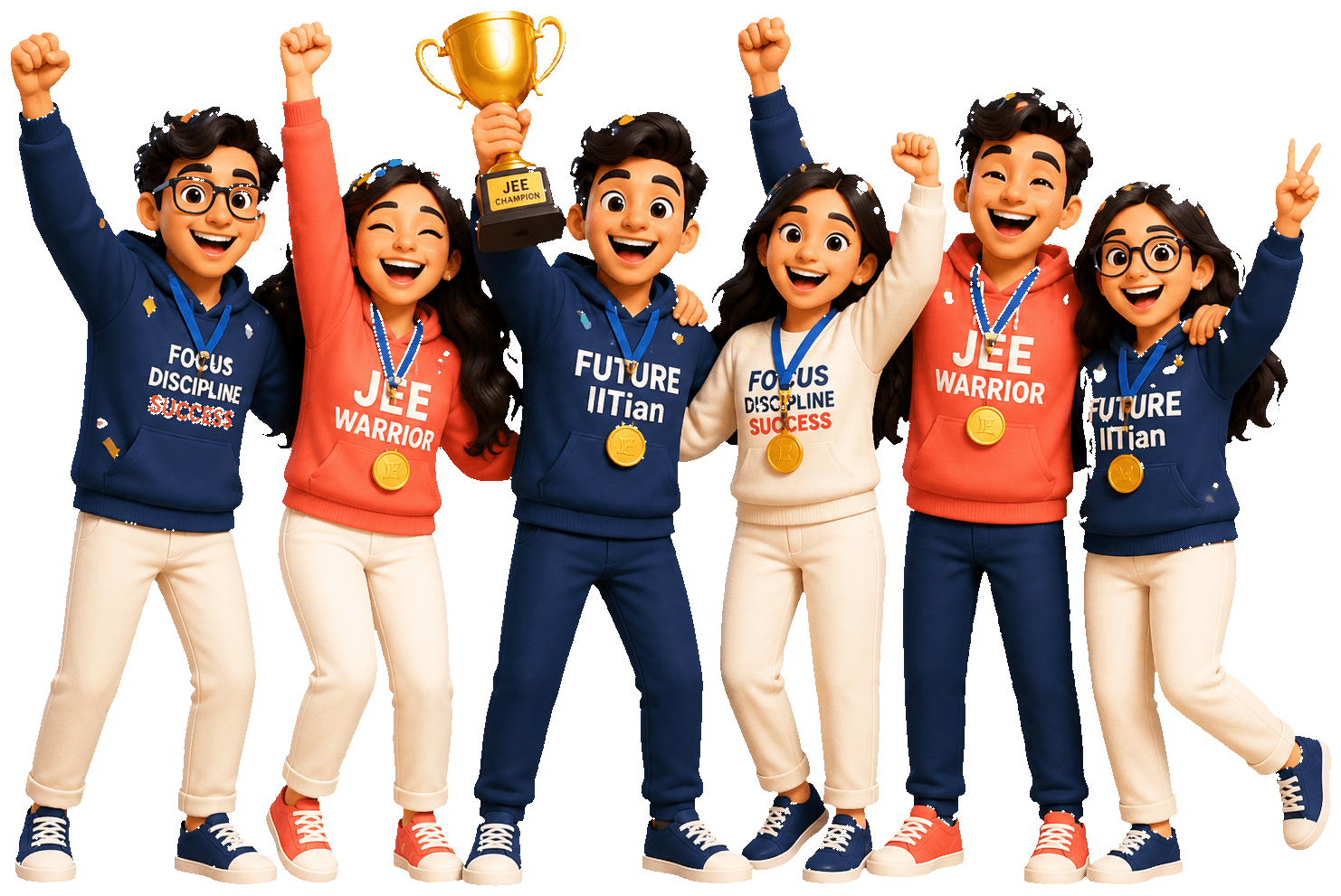 A group of students celebrating like champions with medals and a trophy