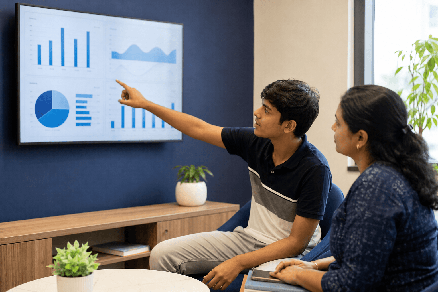 Mentor and student looking at a performance chart
