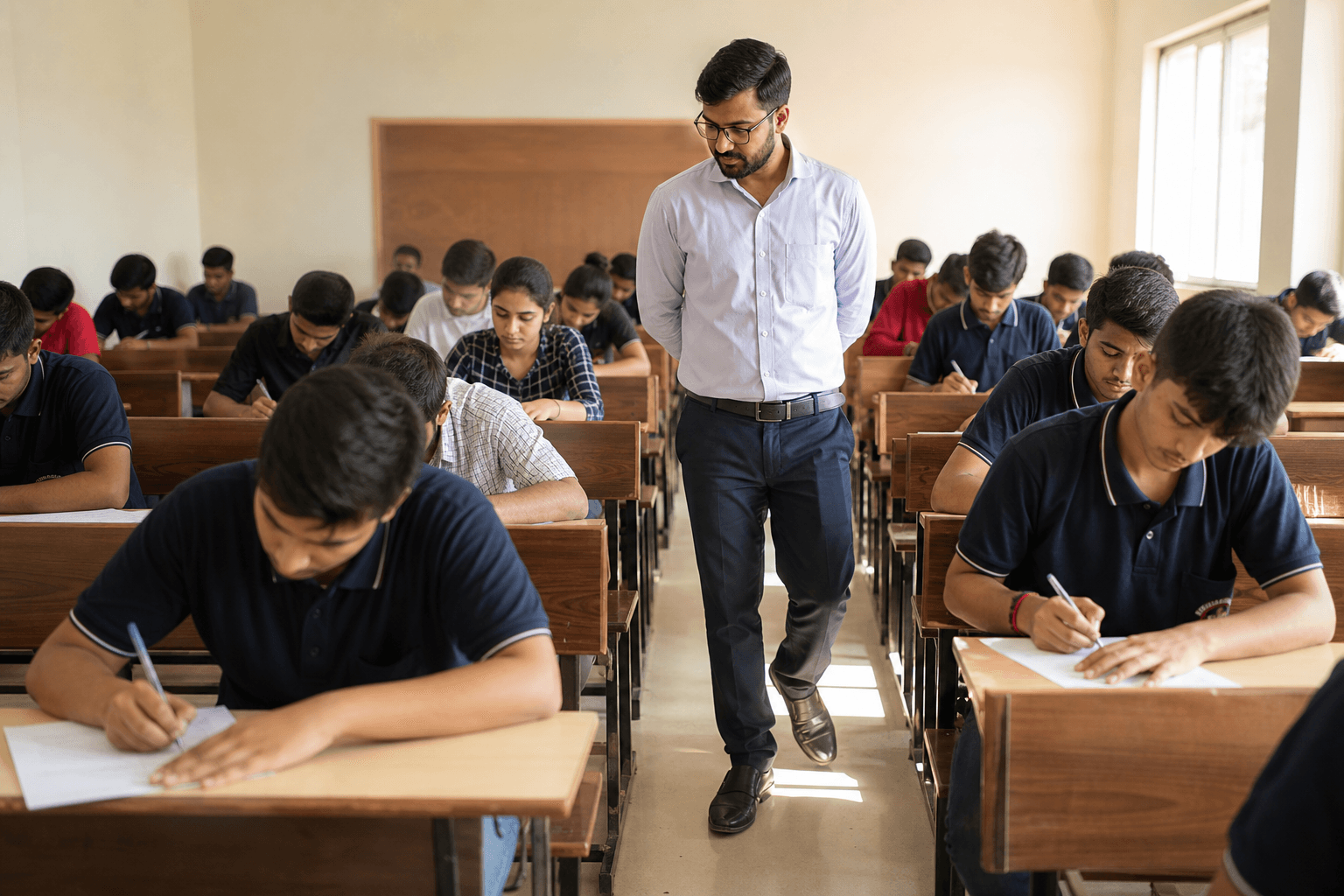 Students writing a timed mock in the classroom