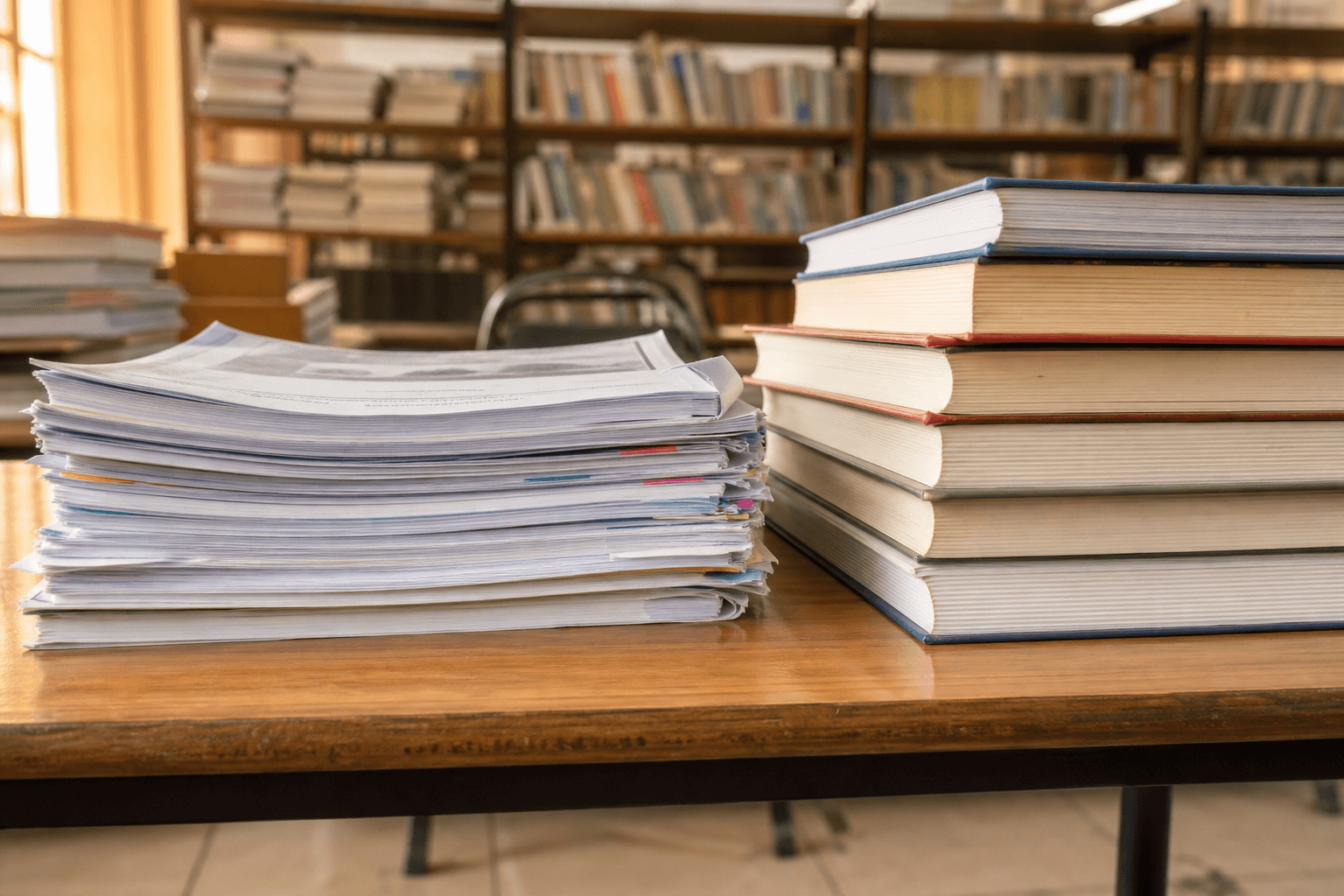 Printed notes and books on a study table